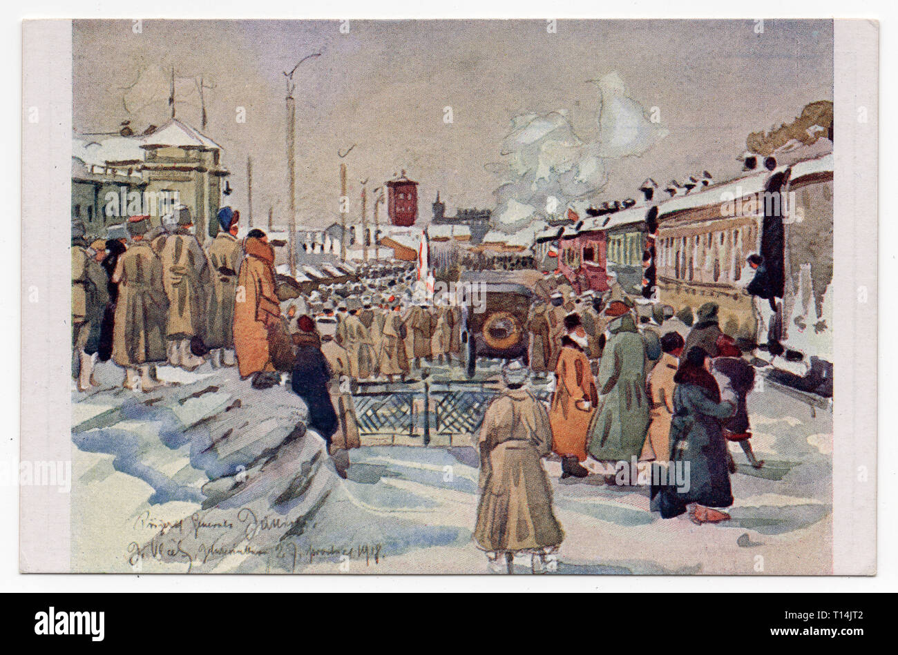 Ankunft der französische General Maurice Janin nach Jekaterinburg, Russland, in der aquarellmalerei dargestellt von tschechischen Künstler Jindřich Vlček gemalt, die am 27. Dezember 1918 und auf der Tschechoslowakischen Postkarte gedruckt aus der Serie "Bilder aus dem Leben und Kämpfen der Tschechoslowakischen Legionen in Russland' ('Pohledy ze života eine bojů československých legií v Rusku') in der Tschechoslowakei in den 1920er Jahren ausgestellt. Allgemeine Maurice Janin war der Chef der französischen Militärmission in Sibirien und der formalen Kommandant der Tschechoslowakischen Legionen während des russischen Bürgerkriegs. Mit freundlicher Genehmigung des Azoor Postkarte Sammeln Stockfoto