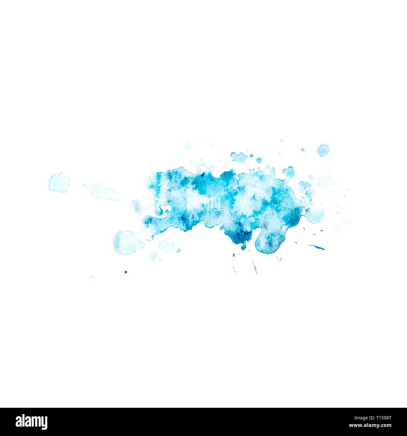 Aquarell tupfen Blau mit Spritzer und Flecken. Isolierte blauen Fleck auf weissem Hintergrund. Gezeichnet von Hand. Stockfoto