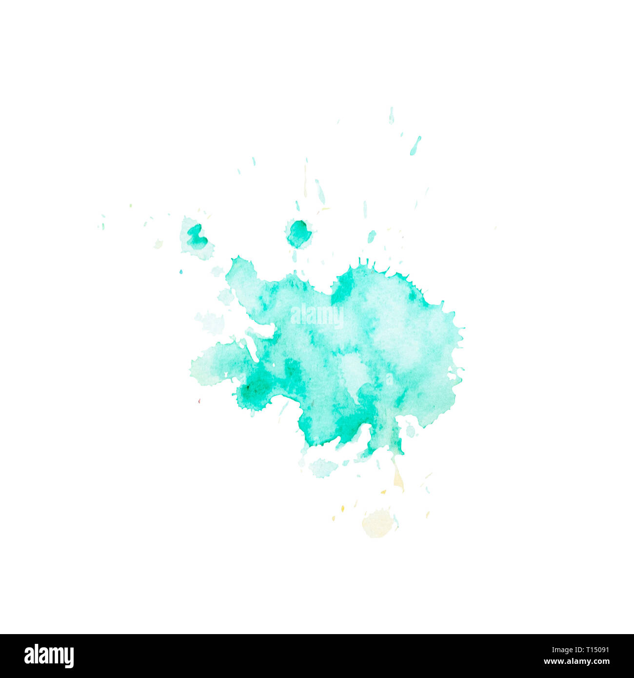 Aquarell blot von Aqua mit Spritzern und Scheidungen. Isolierte emerald Fleck auf einem weißen Hintergrund. Grüne Tupfen von Hand gezeichnet. Stockfoto