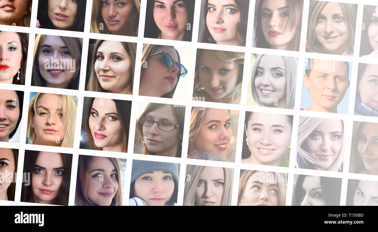 Collage Gruppe Portraits junger kaukasische Mädchen für Social Media Network. Satz eckiger weiblichen Avatar auf weißem Hintergrund Stockfoto