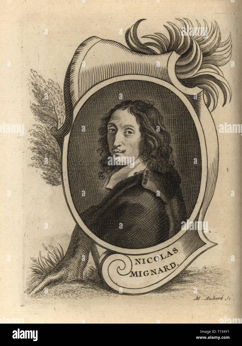 Portrait von Nicolas Mignard, Frnech Maler, 1606-1668. Mignard d'Avignon. Kupferstich von M. Aubert, nachdem ein Selbstportrait von Nicolas Mignard von Antoine-Joseph Dezallier d'Argenville des Abrege de la vie des plus fameux Peintres, Leben der berühmtesten Künstler, de Bure l'aine, Paris, 1762. Stockfoto