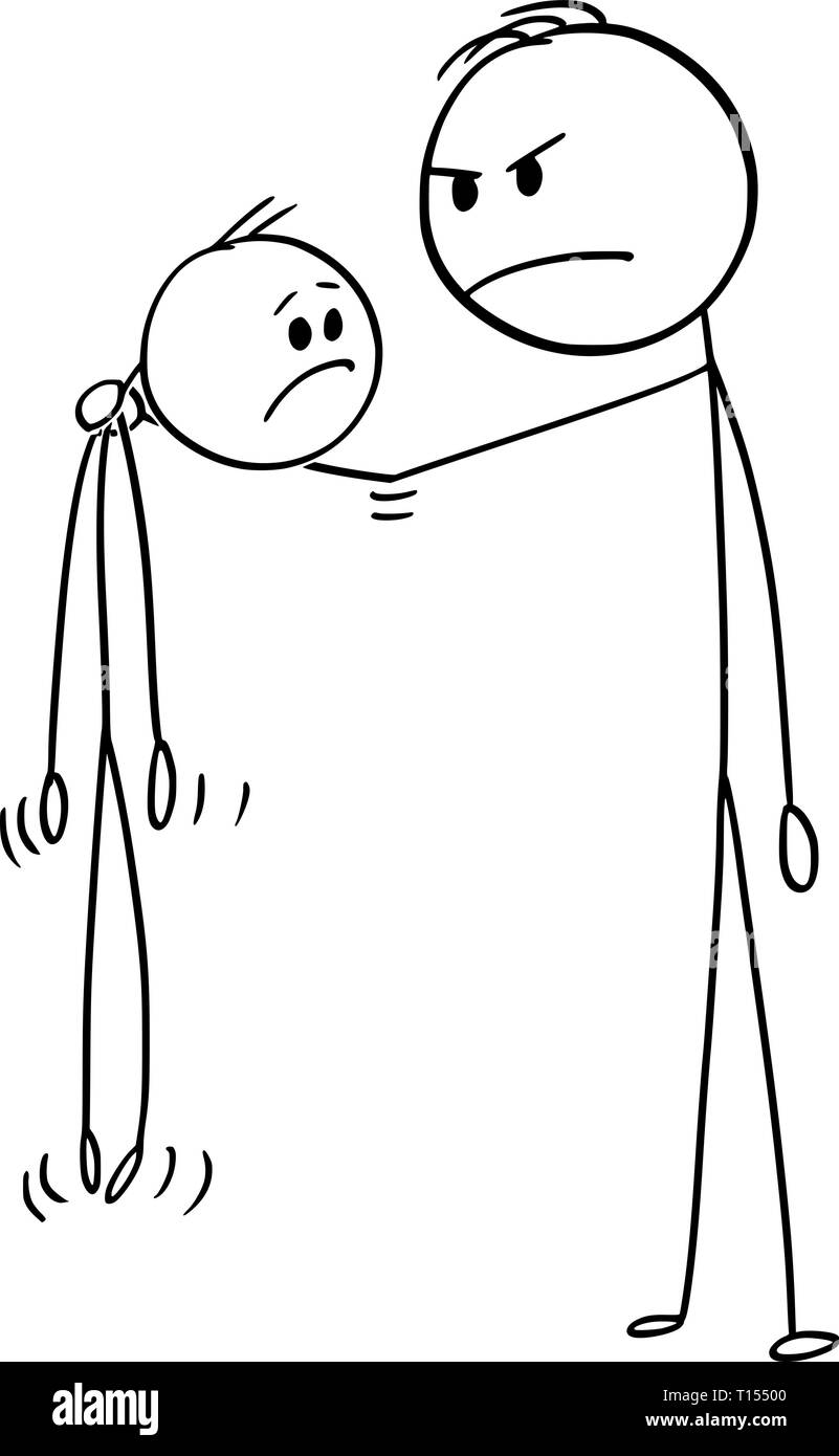 Cartoon Strichmännchen Zeichnen konzeptionelle Darstellung der Verärgerten großen und starken Mann mit kleineren und schwächeren Menschen in der Luft. Stock Vektor