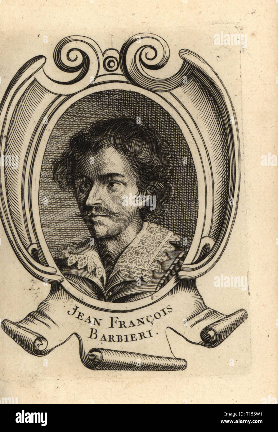 Portrait von Giovanni Francesco Barbieri oder Guercino, italienischen Barock Maler 1591-1666. Jean Francois Barbieri. Kupferstich nach einem Portrait von Ottavio Leoni von Antoine-Joseph Dezallier d'€™ Argenvilleâ € ™ s Abrege de la vie des plus fameux Peintres, Leben der berühmtesten Künstler, de Bure l €™ Aine, Paris, 1762. Stockfoto