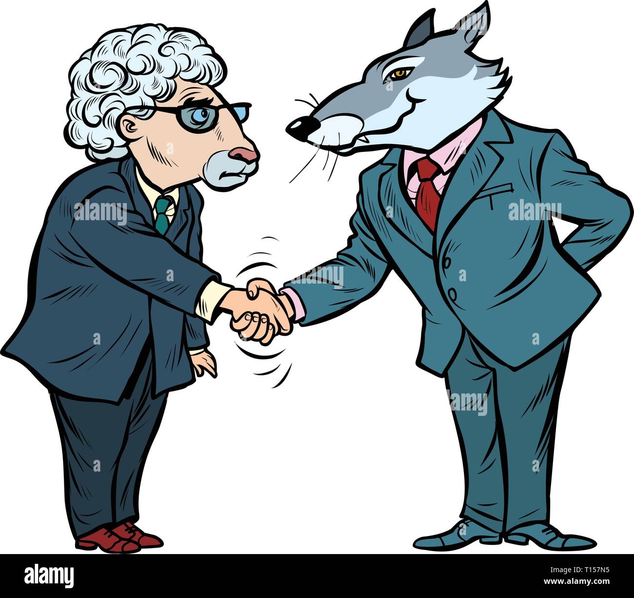 Wolf und Schafe Geschäftsverhandlungen, Freundschaft isolieren auf weißem Hintergrund Stock Vektor