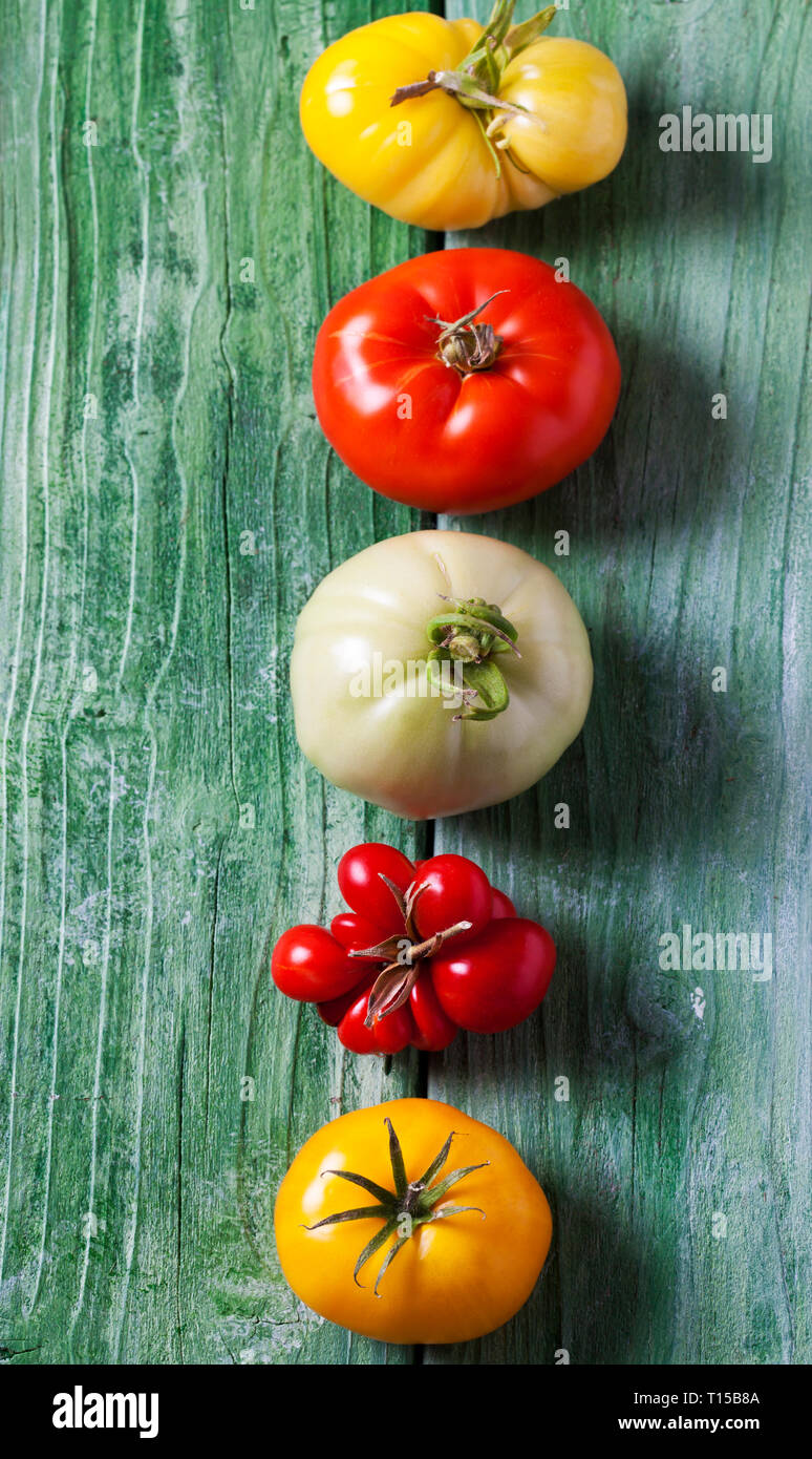 Reihe von fünf verschiedenen Tomaten auf grünes Holz Stockfoto