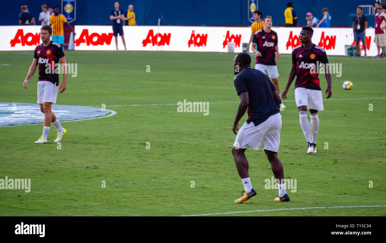 Paul Pogba, Michael Carrick, Romelu Lukaku und Phil Jones Aufwärmen vor dem Spiel zwischen dem FC Barcelona und Manchester United im Sommer 2017 Stockfoto