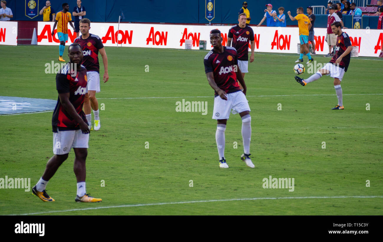 Paul Pogba, Michael Carrick, Romelu Lukaku und Phil Jones Aufwärmen vor dem Spiel zwischen dem FC Barcelona und Manchester United im Sommer 2017 Stockfoto