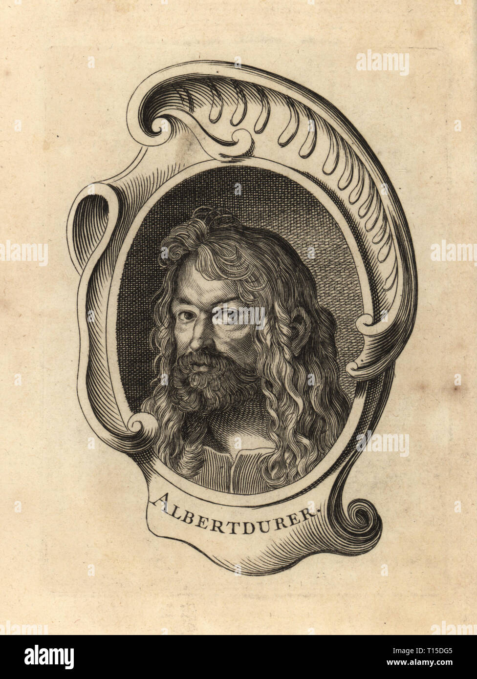 Porträt von Albrecht Dürer, deutscher Maler, Grafiker der Renassiance 1471-1528. Albert Dürer Kupferstich nach einer self portrait von Dürer von Antoine-Joseph Dezallier d'€™ Argenvilleâ € ™ s Abrege de la vie des plus fameux Peintres, Leben der berühmtesten Künstler, de Bure l €™ Aine, Paris, 1762. Stockfoto