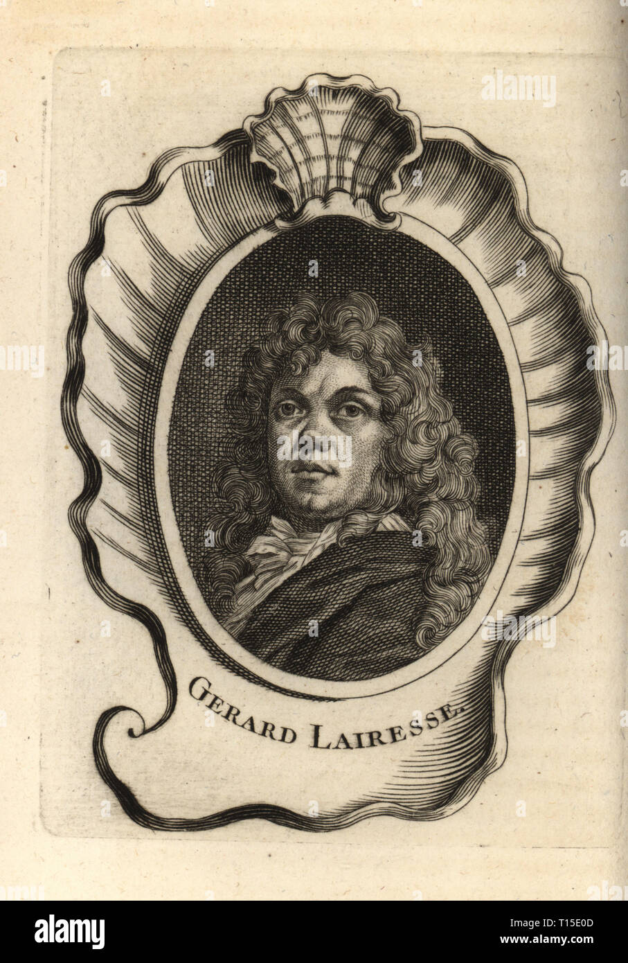 Portrait von Gerard de Lairesse, Niederländisch Golden Age Maler 1641-1711. Gerard Lairesse. Kupferstich nach einer self portrait von lairesse von Antoine-Joseph Dezallier d'Argenville des Abrege de la vie des plus fameux Peintres, Leben der berühmtesten Künstler, de Bure l'aine, Paris, 1762. Stockfoto