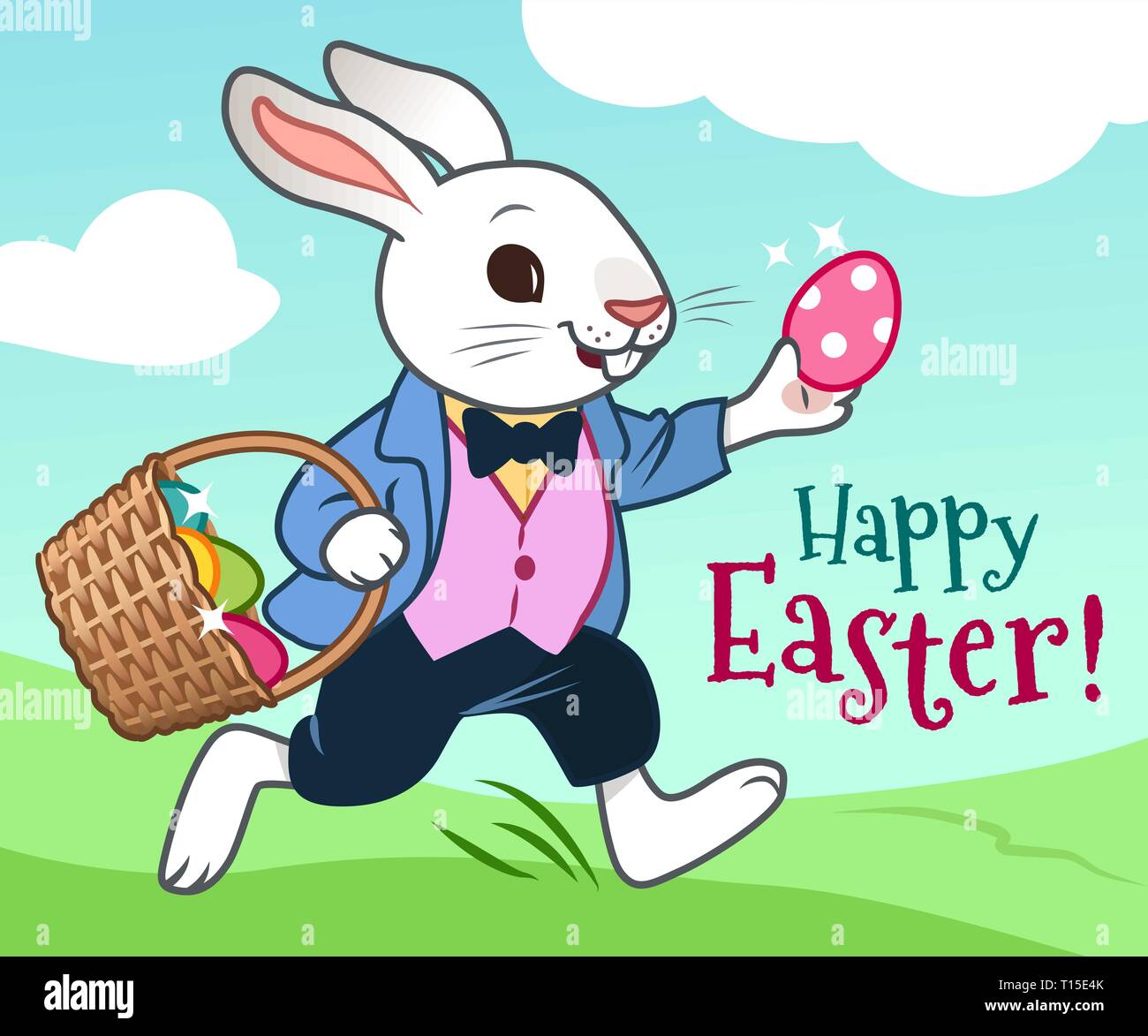 Osterhase läuft in einem Feld mit Korb voller bunter Schokolade Eier vektor Cartoon Illustration. Ostern, Frühling, ostereiersuche Theme Design Element Stock Vektor