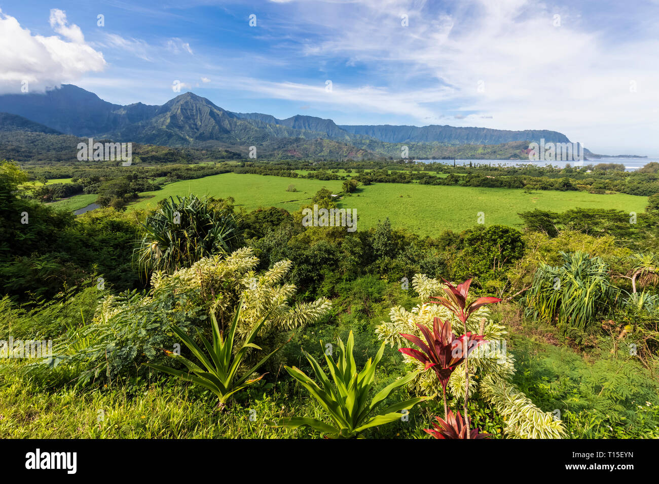 USA, Hawaii, Hanalei, Ansicht von Hanalei Bay Lookout Stockfoto