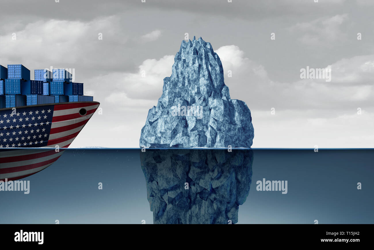 United States wirtschaftliche Gefahr, als ein Handel Risiko und American Business Angst als Frachtschiff vor einer gefährlichen eisbergs als Import und Export. Stockfoto