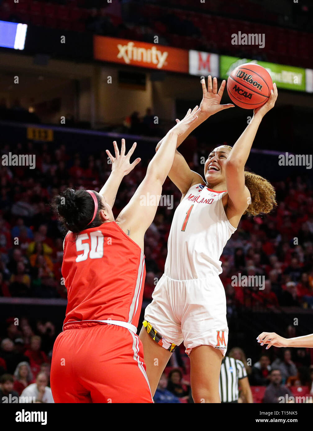 College Park, MD, USA. 23 Mär, 2019. Maryland Dosenschildkröten (1) Shakira Austin zieht für einen Schuß während der ersten Runde des NCAA-Meisterschaft das Spiel der Frauen zwischen der Universität von Maryland Dosenschildkröten und die Radford Highlanders an der Xfinity Zentrum in College Park, Md. Justin Cooper/CSM/Alamy leben Nachrichten Stockfoto