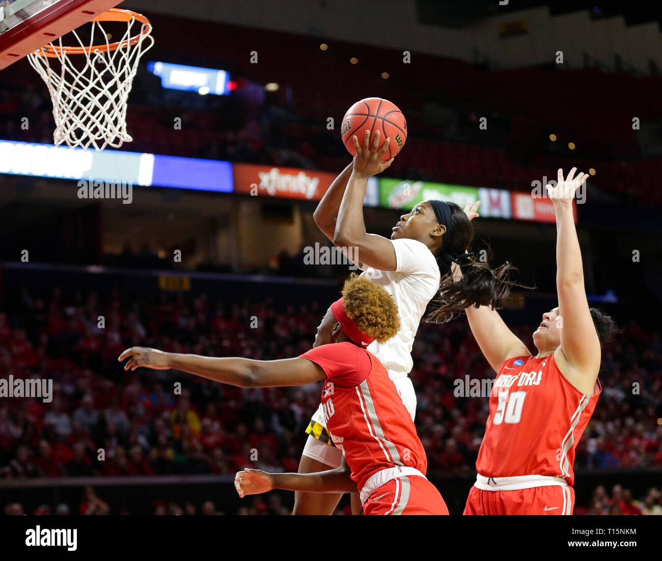 College Park, MD, USA. 23 Mär, 2019. Maryland Dosenschildkröten Schutzabdeckung (5) Kaila Charles nimmt ein Sprung in einer ersten Runde der NCAA Meisterschaft das Spiel der Frauen zwischen der Universität von Maryland Dosenschildkröten und die Radford Highlanders an der Xfinity Zentrum in College Park, Md. Justin Cooper/CSM/Alamy leben Nachrichten Stockfoto