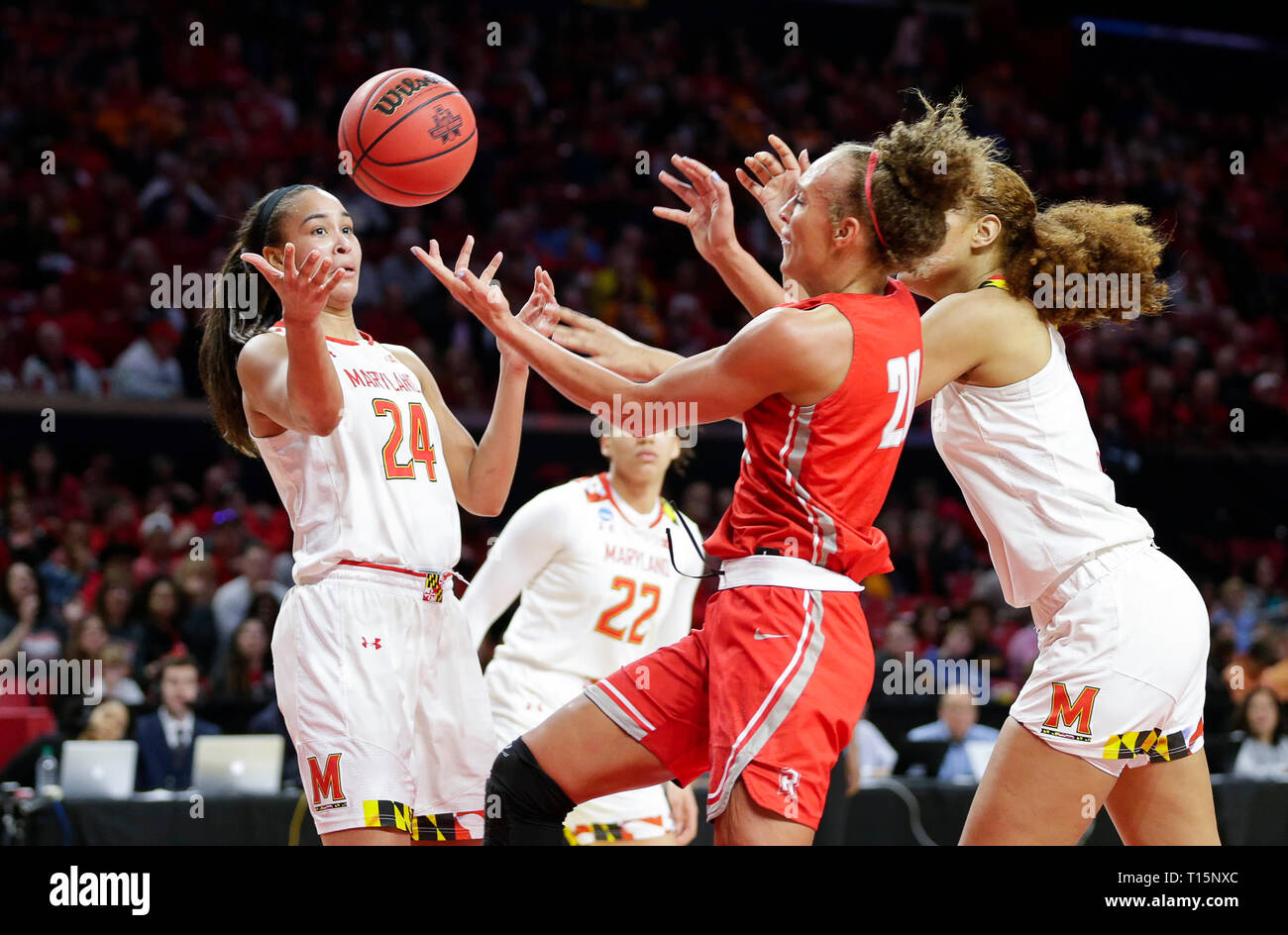 College Park, MD, USA. 23 Mär, 2019. Radford Highlanders Vorwärts (20) Lydia Flüsse kriecht für die Kugel während der ersten Runde des NCAA-Meisterschaft das Spiel der Frauen zwischen der Universität von Maryland Dosenschildkröten und die Radford Highlanders an der Xfinity Zentrum in College Park, Md. Justin Cooper/CSM/Alamy leben Nachrichten Stockfoto