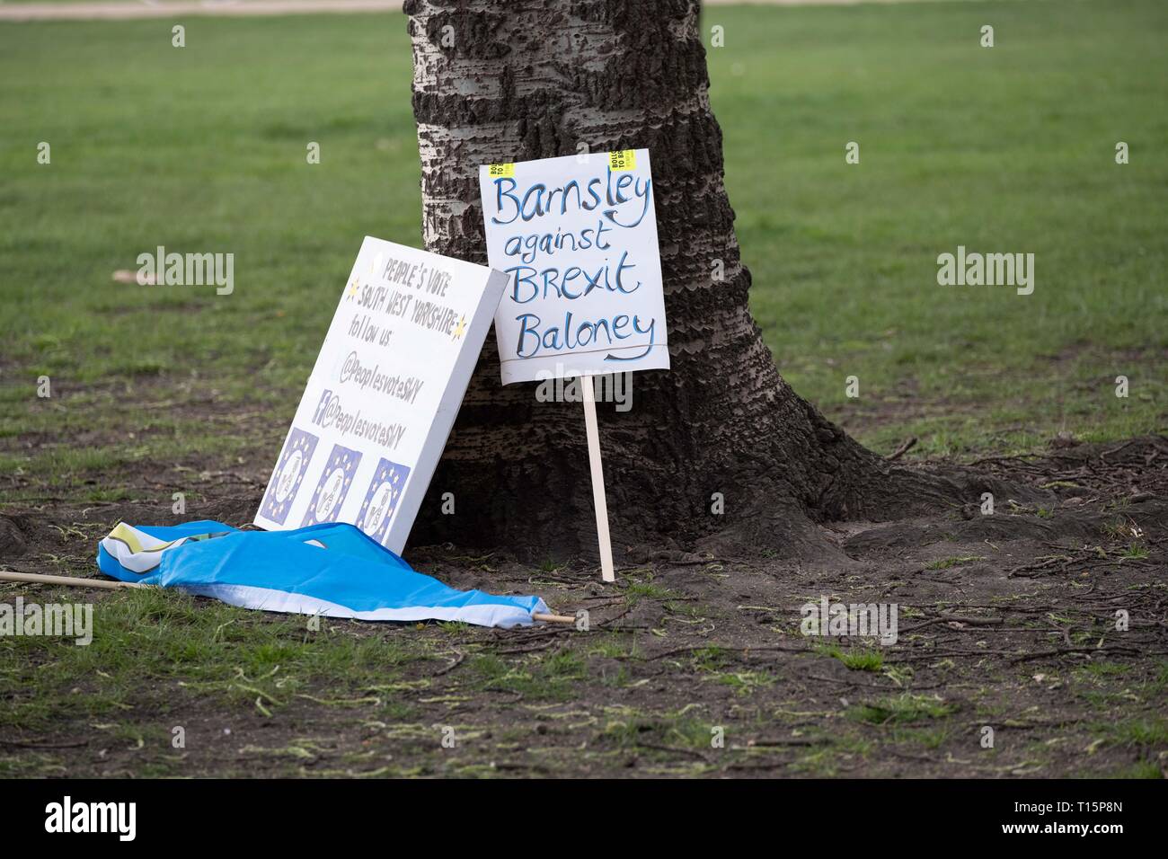 London, Großbritannien. 23 Mär, 2019. Zeichen stützte sich gegen einen Baum im Hyde Park, nach Völker Abstimmung März. London, 23. März 2019 Credit: Chris Moos/Alamy leben Nachrichten Stockfoto