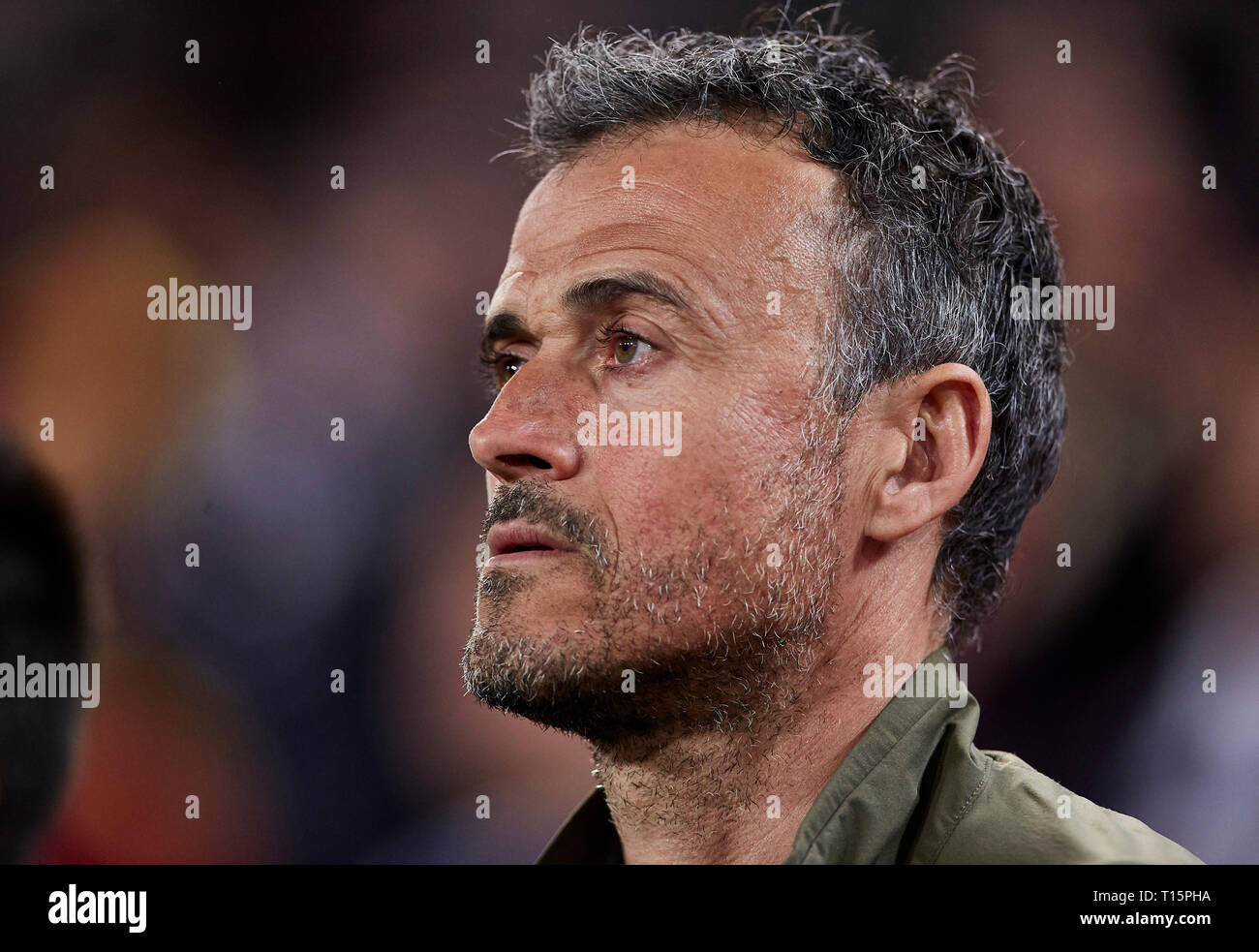 Stadium Mestalla, Valencia, Spanien. 23 Mär, 2019. UEFA Europameisterschaft Qualifikation Fußball, Spanien gegen Norwegen; Spanien Manager Luis Enrique sieht auf Kredit: Aktion plus Sport/Alamy leben Nachrichten Stockfoto