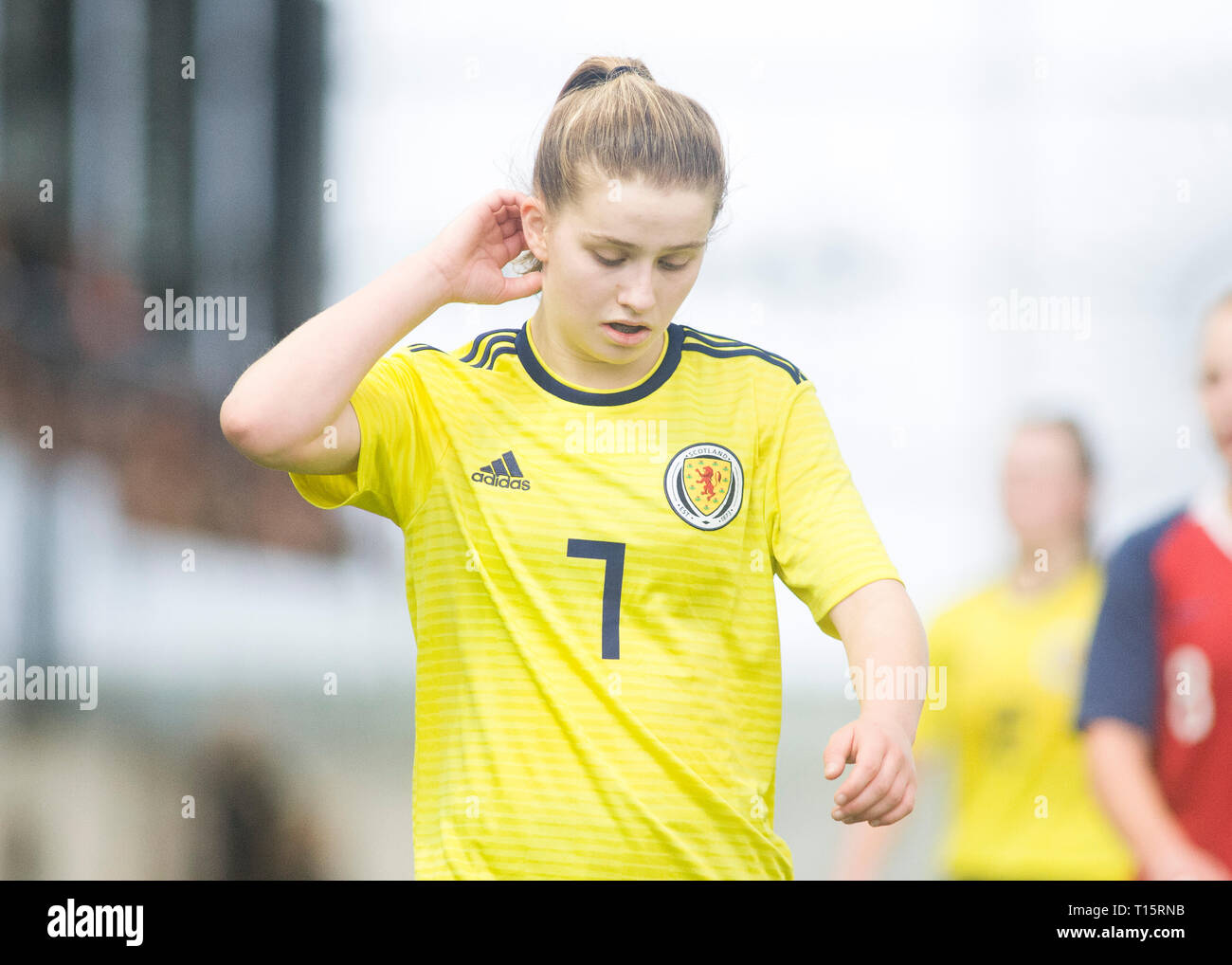 Edinburgh, Schottland - März 23: Monica Forsyth von Schottland während der UEFA Elite Runde zwischen Schottland U17 Mädchen- und Norwegen U17 Mädchen an Oriam Schottland, am 23. März 2019 in Edinburgh, Schottland. (Foto von Scottish Borders, Medien/Alamy Live News) nur die redaktionelle Nutzung, eine Lizenz für die gewerbliche Nutzung erforderlich. Keine Verwendung in Wetten. Stockfoto