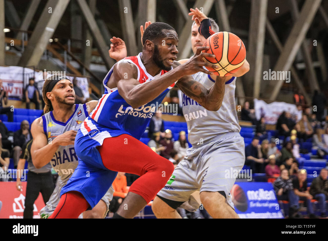 London, UK, 23. März 2019. In einem engen BBL Meisterschaftspiel im Gesamten, Sheffield Haie schlagen London City Royals 72-65 entfernt in Crystal Palace nationaler Sport Stadion in South East London. Stockfoto