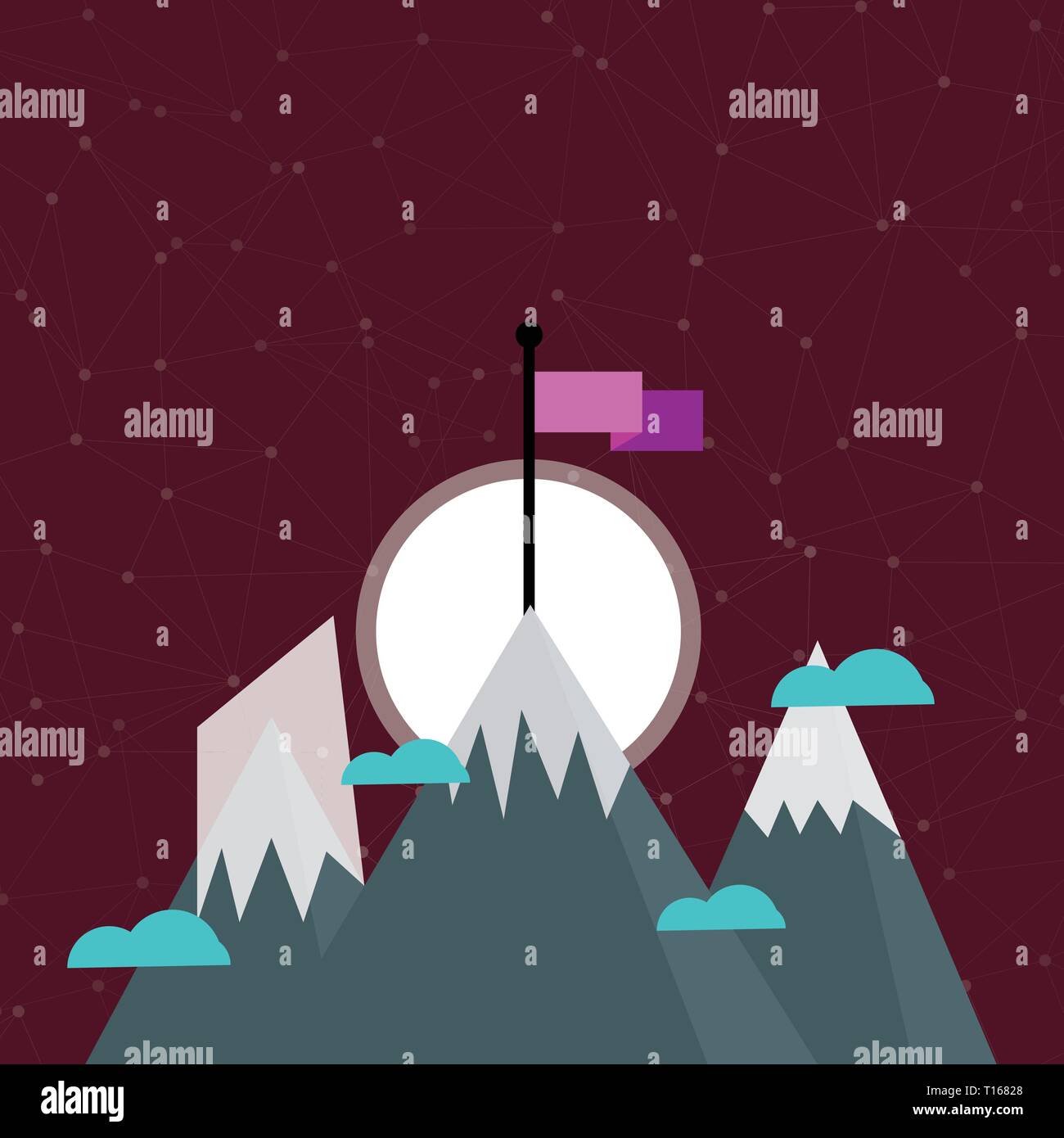 Drei hohe Berge mit Schnee und eine Leere bunte Fahne an der Spitze Copy Space Design Leere Vorlage für Werbung, Promotion, Poster, Flyer, Web Stock Vektor