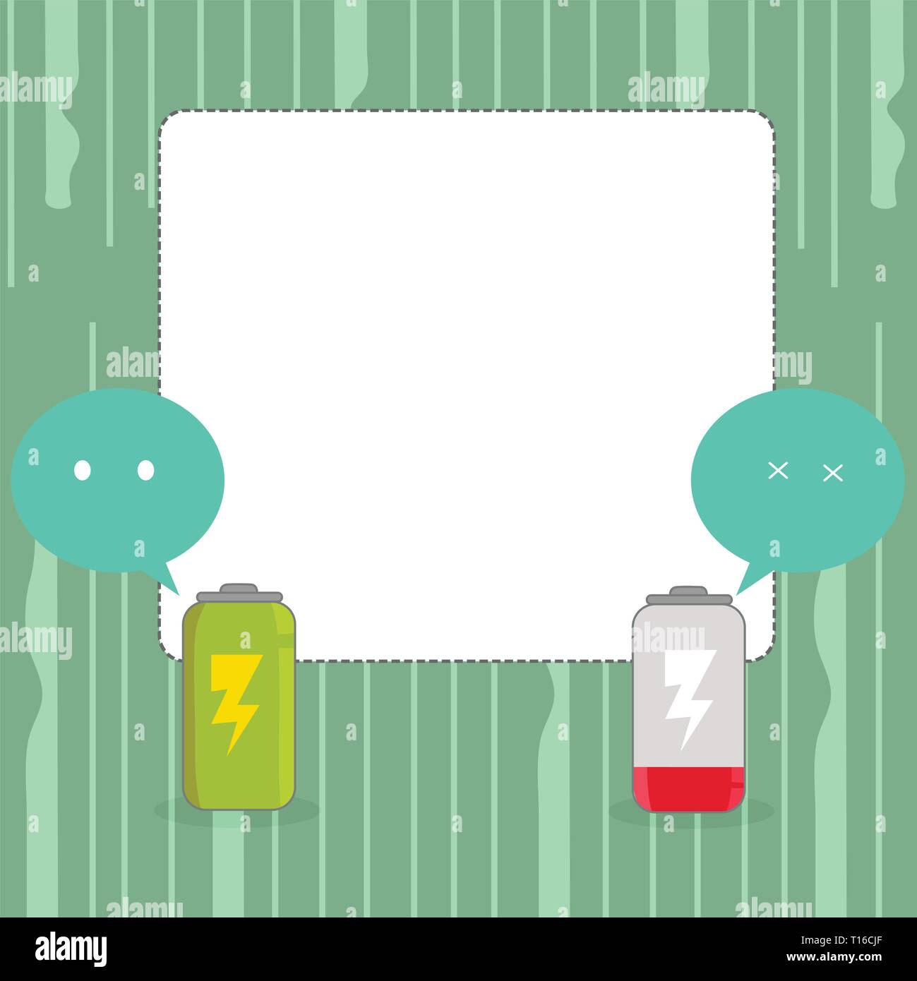 Voll geladene und entladene Batterie mit zwei bunten Emoji Sprechblase Copy Space Design Leere Vorlage für Werbung, Promotion, Poster, Flyer, Web Stock Vektor