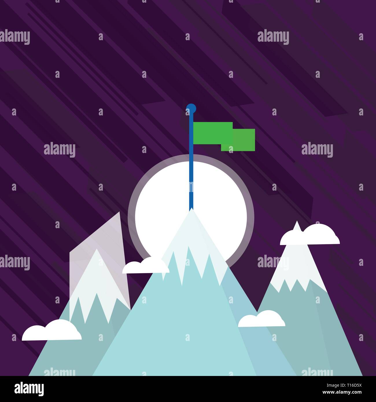 Drei hohe Berge mit Schnee und eine Leere bunte Fahne an der Spitze Design Business Konzept leere Vorlage kopieren Raum Text für Anzeige Web site Isola Stock Vektor