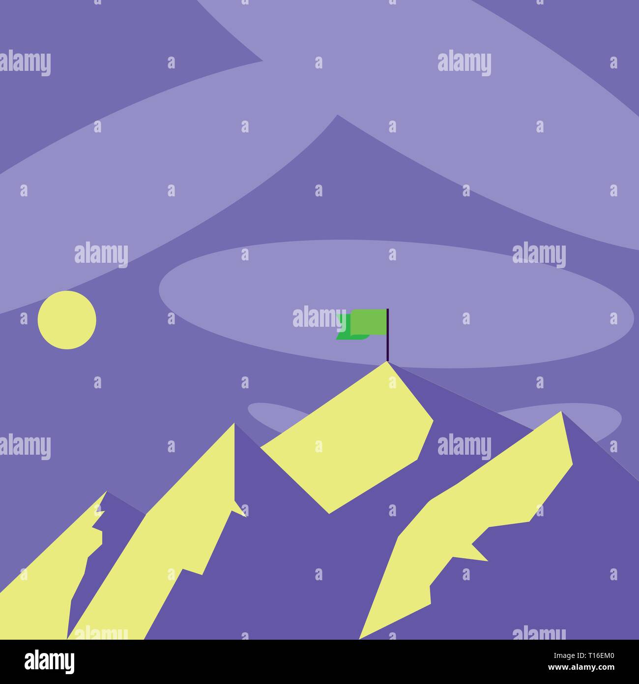 Berge mit Schatten, Tageszeit und Flagge Fahne auf einem Gipfel Design Business Konzept leere Vorlage kopieren Raum Text für Anzeige Web site isolieren Stock Vektor