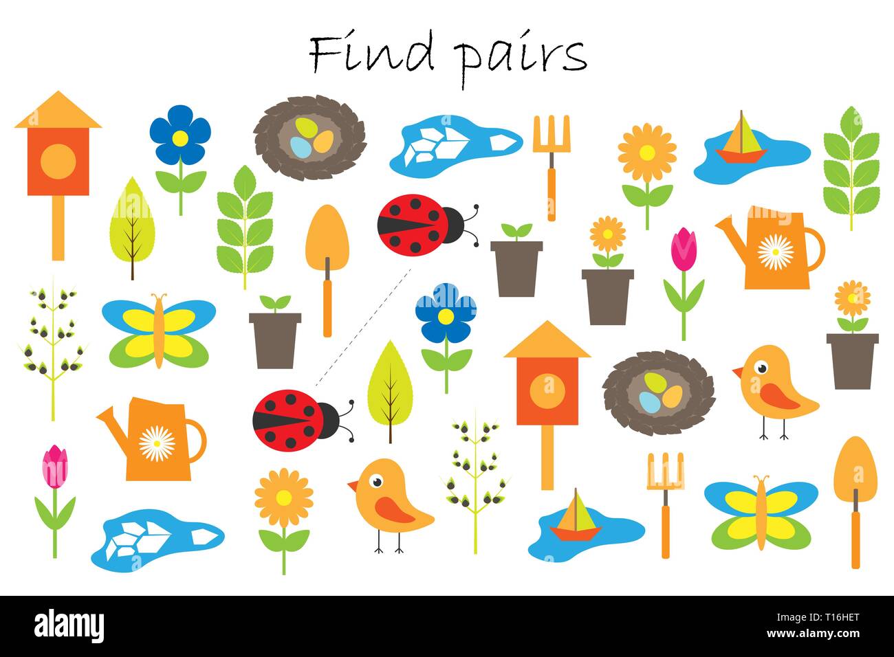 Finden sie Paare gleicher Bilder, Spaß Bildung Spiel mit Feder Thema Garten für Kinder, Vorschule Arbeitsblatt Aktivität für Kinder, Aufgabe der Stock Vektor