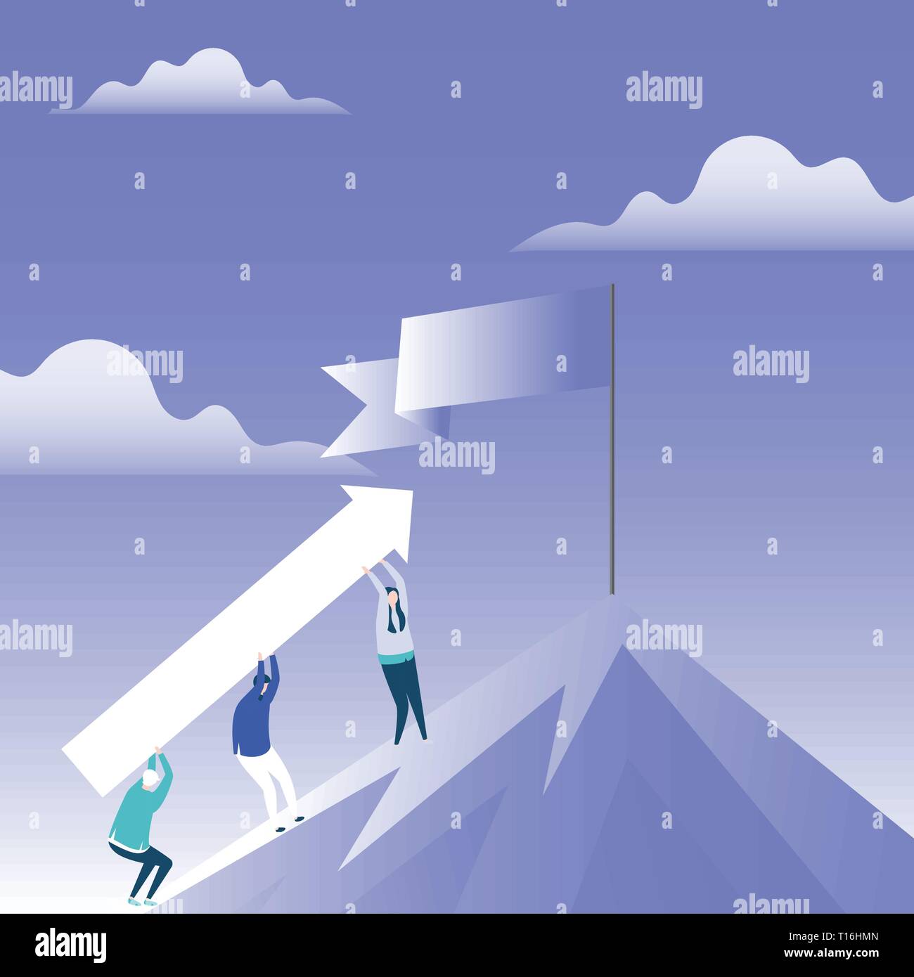 Menschen die Pfeiltasten gehen den Berg hinauf. Blank Banner auf der Pole an der Spitze Copy Space Design Leere Vorlage für Werbung, Promotion, Poster, Flyer, w Stock Vektor