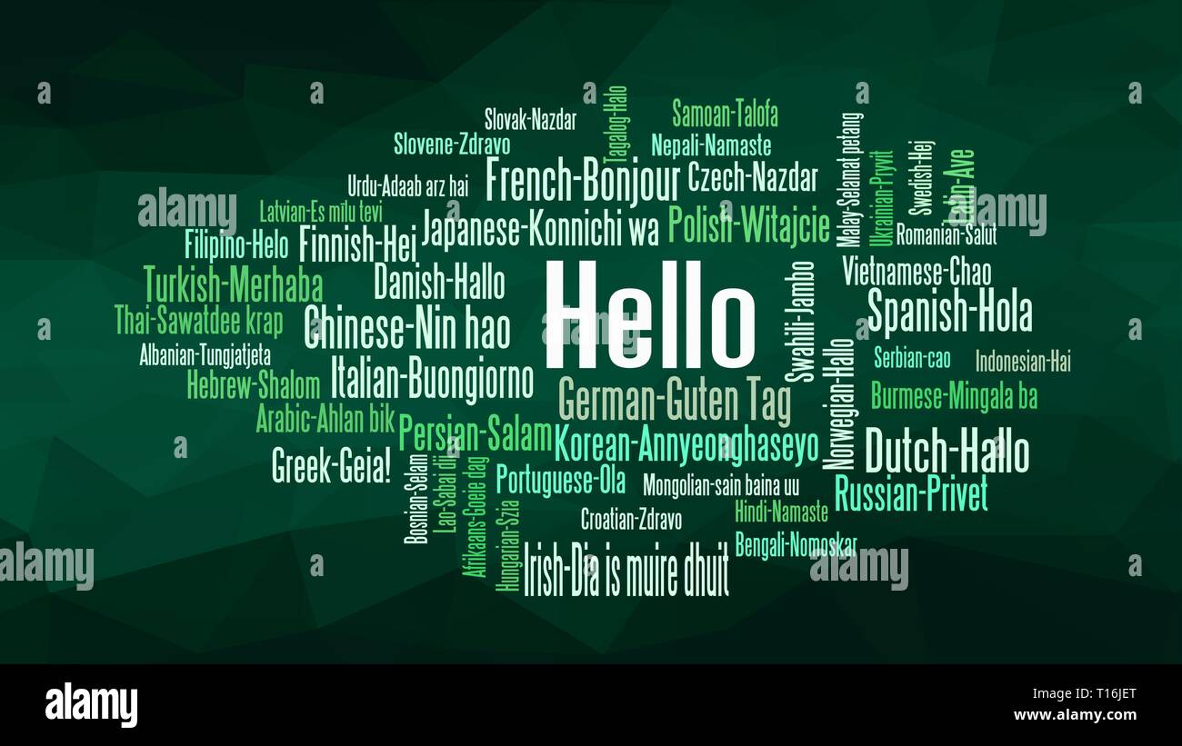 Hallo word Cloud, Konzept, Illustration, zeigt die Entsprechungen der 'hallo' zu sagen, wie es in vielen Sprachen, Vector 10 ESP Stock Vektor