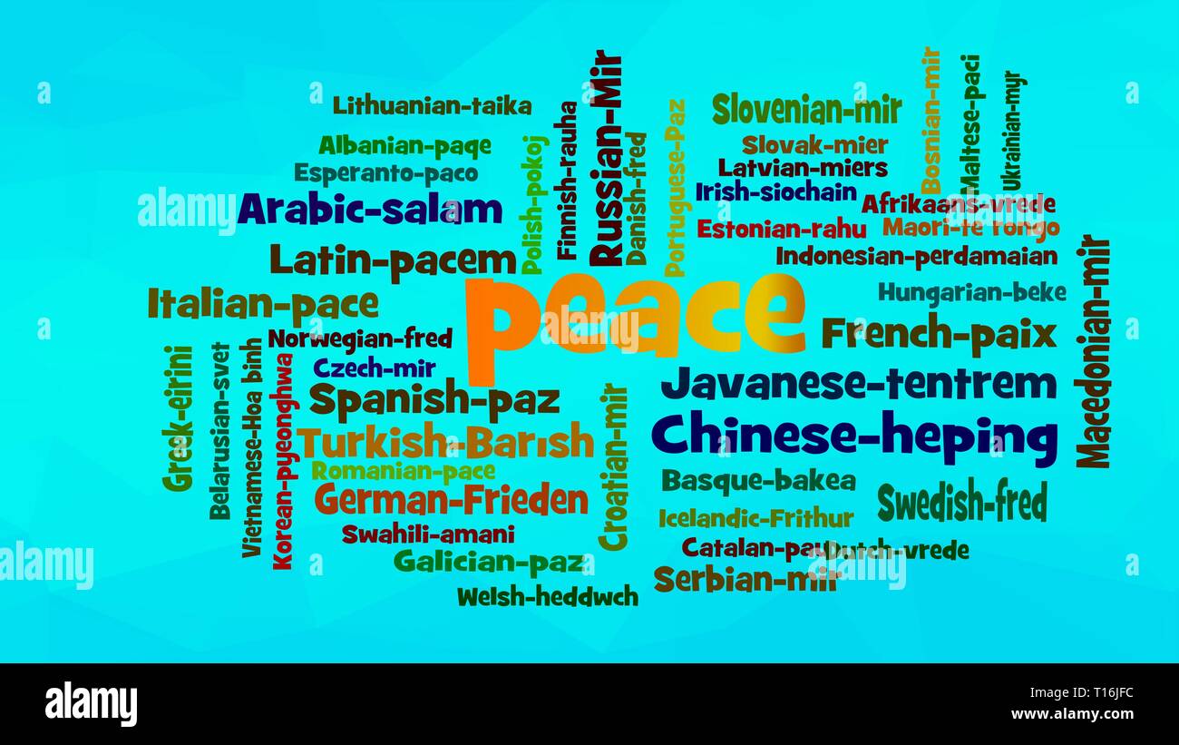 Frieden Word Cloud, zeigt die Entsprechungen von 'Frieden', wie sie sagen, in vielen Sprachen, Vector 10 ESP Stock Vektor