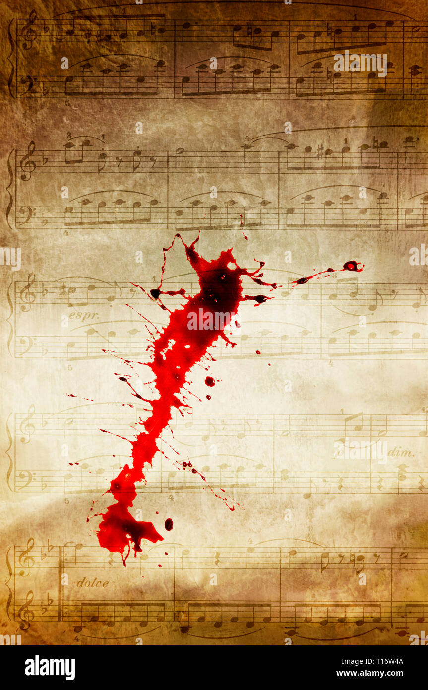 Verblasste Grunge Musik Blatt hintergrund mit blutspritzer über es Stockfoto