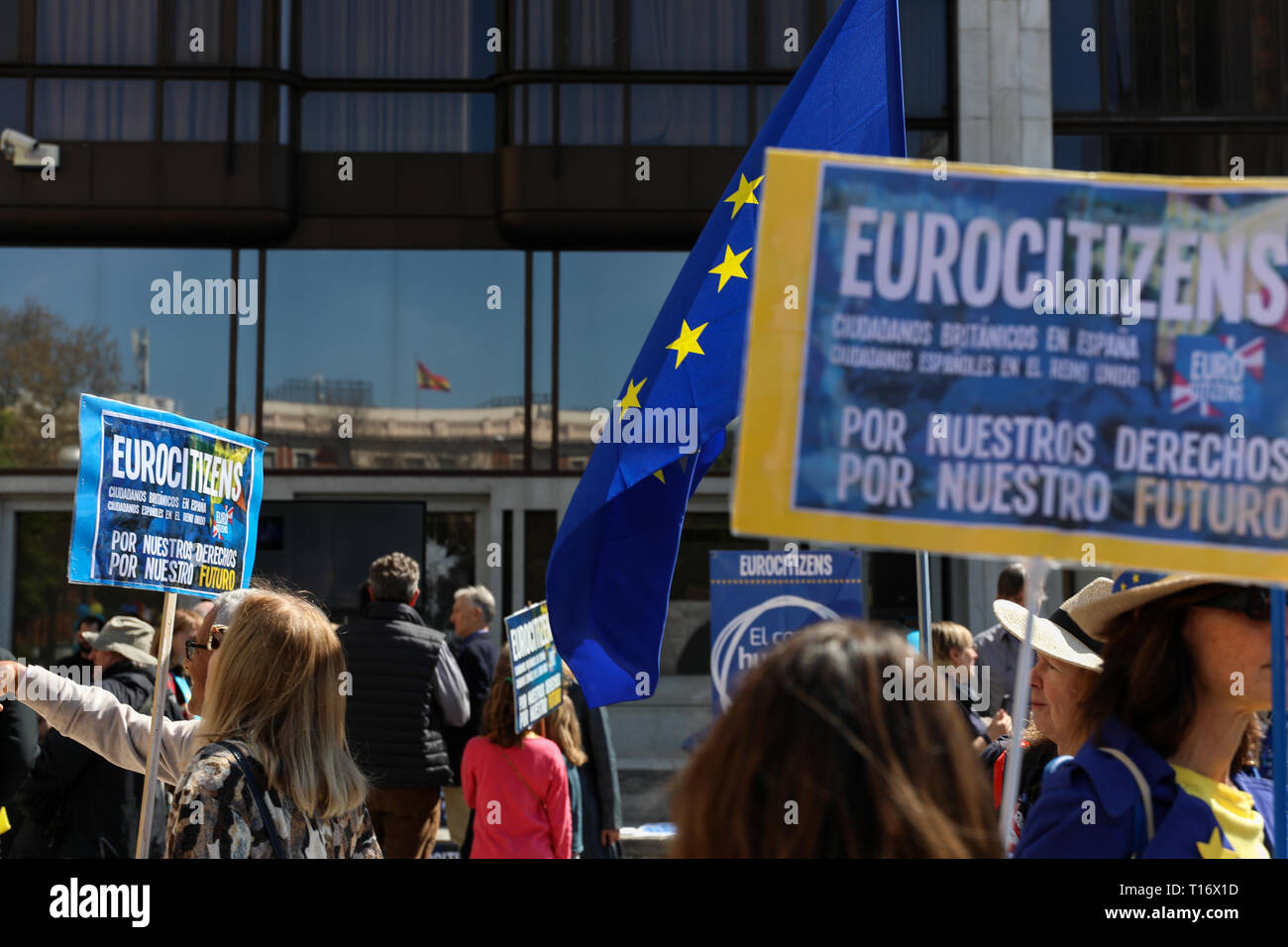 Ein Teilnehmer mit einem Plakat missbilligend Brexit während der Vorführung gesehen. Die britische Gemeinschaft in Spanien gezeigt, zugunsten eines anderen Referendum über Brexit am Plaza de Colón" in Verteidigung der Rechte der fünf Millionen Europäer im Vereinigten Königreich und Briten in der Europäischen Union und zu einem zweiten Referendum über den Austritt Großbritanniens aus der EU verlangen. Stockfoto