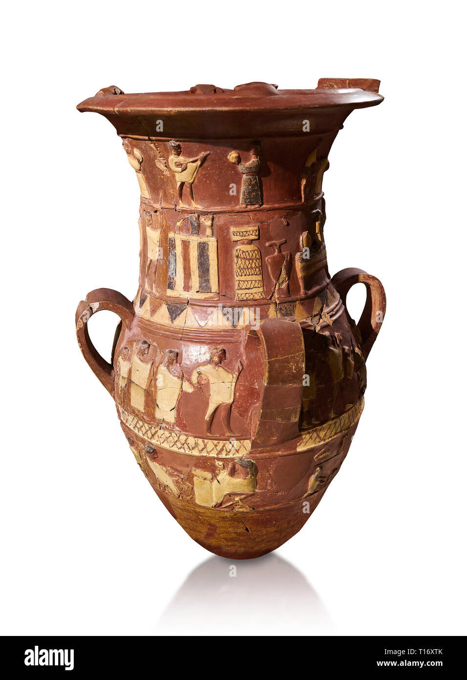 Inandik Hethiter Relief dekoriert Kult trankopfers Vase mit vier dekorativen Friese mit Zahlen farbig in Creme, Rot und Schwarz. Der prozessionsweg Stockfoto