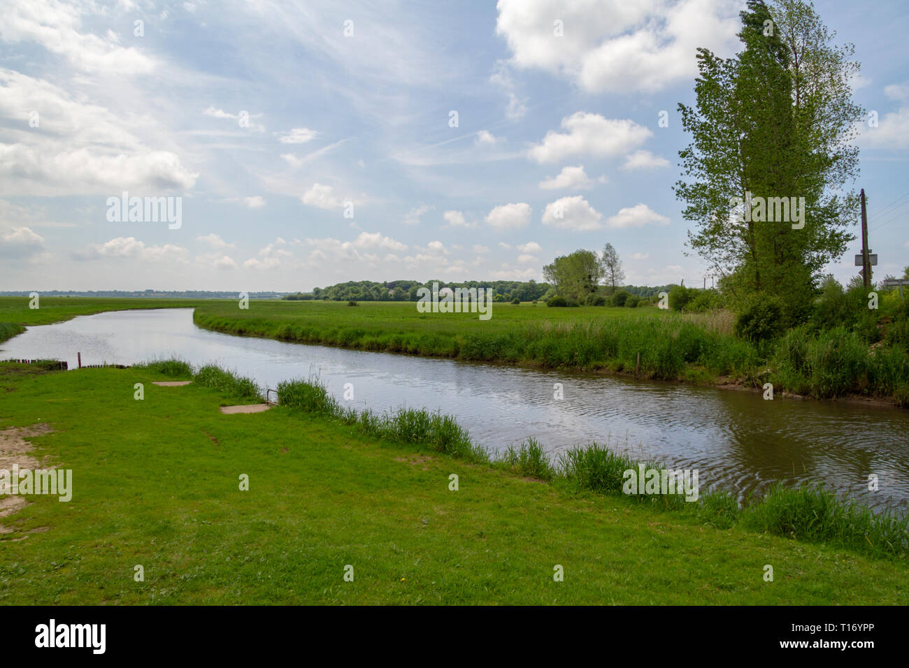 Blick nach Süden über Le Merderet Fluss auf der SW-Flanke von Chef du Pont, ein strategischer Punkt während des D-Day am 6. Juni 1944, Normandie, Frankreich. Stockfoto