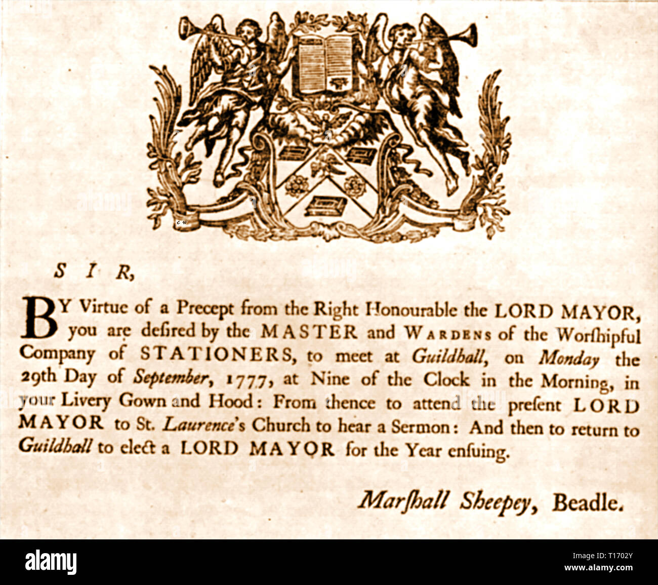 Ein 1777 Stationers Livery Gilden London - der Oberbürgermeister Einladung zur Wahl des neuen Oberbürgermeisters Stockfoto