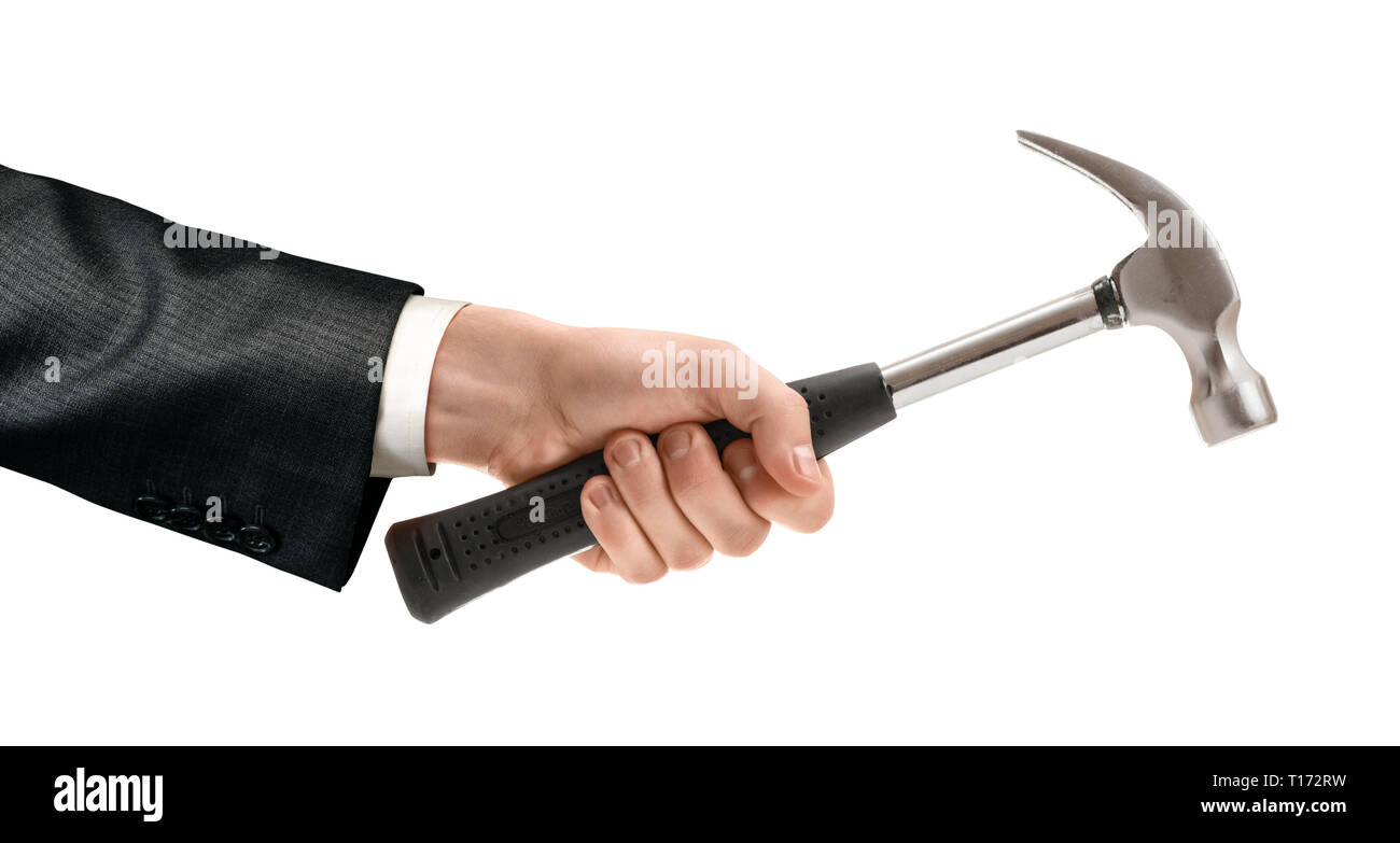 Erntegut Nahaufnahme eines Menschen Hand Holding einen Hammer mit Gummigriff auf einem weißen Hintergrund. Stockfoto