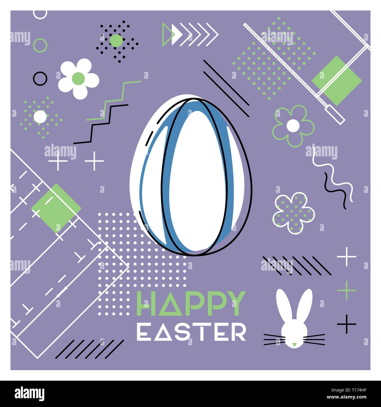 Frohe Ostern. Grußkarte mit Osterei als rugby ball. Abstrakte Memphis Design. Vector Illustration. Stock Vektor