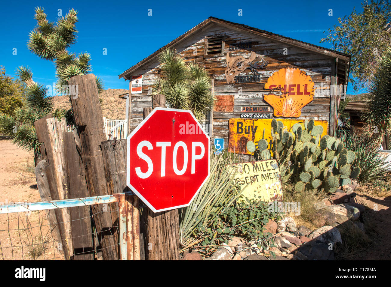 USA, Florida, ROUTE 66, Straße und Werbung Schilder an Hackberry General Store auf der Route 66 zwischen Kingman und Seligman Stockfoto