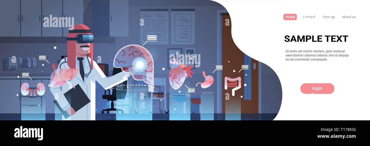 Männliche arabische Arzt tragen digital Gläser berühren virtuelle Realität Gehirn menschliche Organe Infografik Anatomie medizinische VR-Headset vision Konzept Krankenhaus Stock Vektor