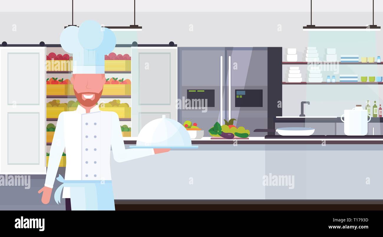 Küchenchef Holding abgedeckt Platter mit Teller Essen kochen und  kulinarisches Konzept modernen kommerziellen Restaurant Küche Innenraum  männliche Zeichentrickfigur Stock-Vektorgrafik - Alamy