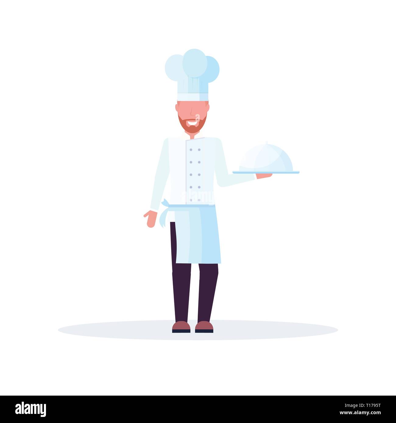 Küchenchef Holding abgedeckt Platter mit Teller Mann in Uniform professionelle Beschäftigung Essen kochen Konzept männliche Zeichentrickfigur in voller Länge weiß Stock Vektor