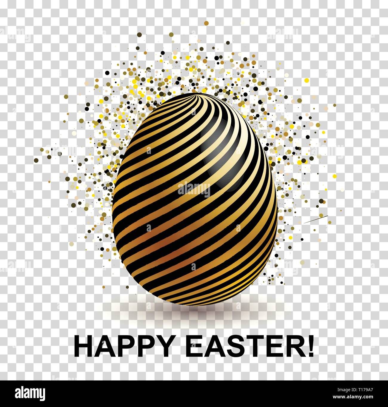 Schwarz Osterei mit gold dekorative Linien und confetty auf transparen Hintergrund. Frohe Ostern Karte Stock Vektor