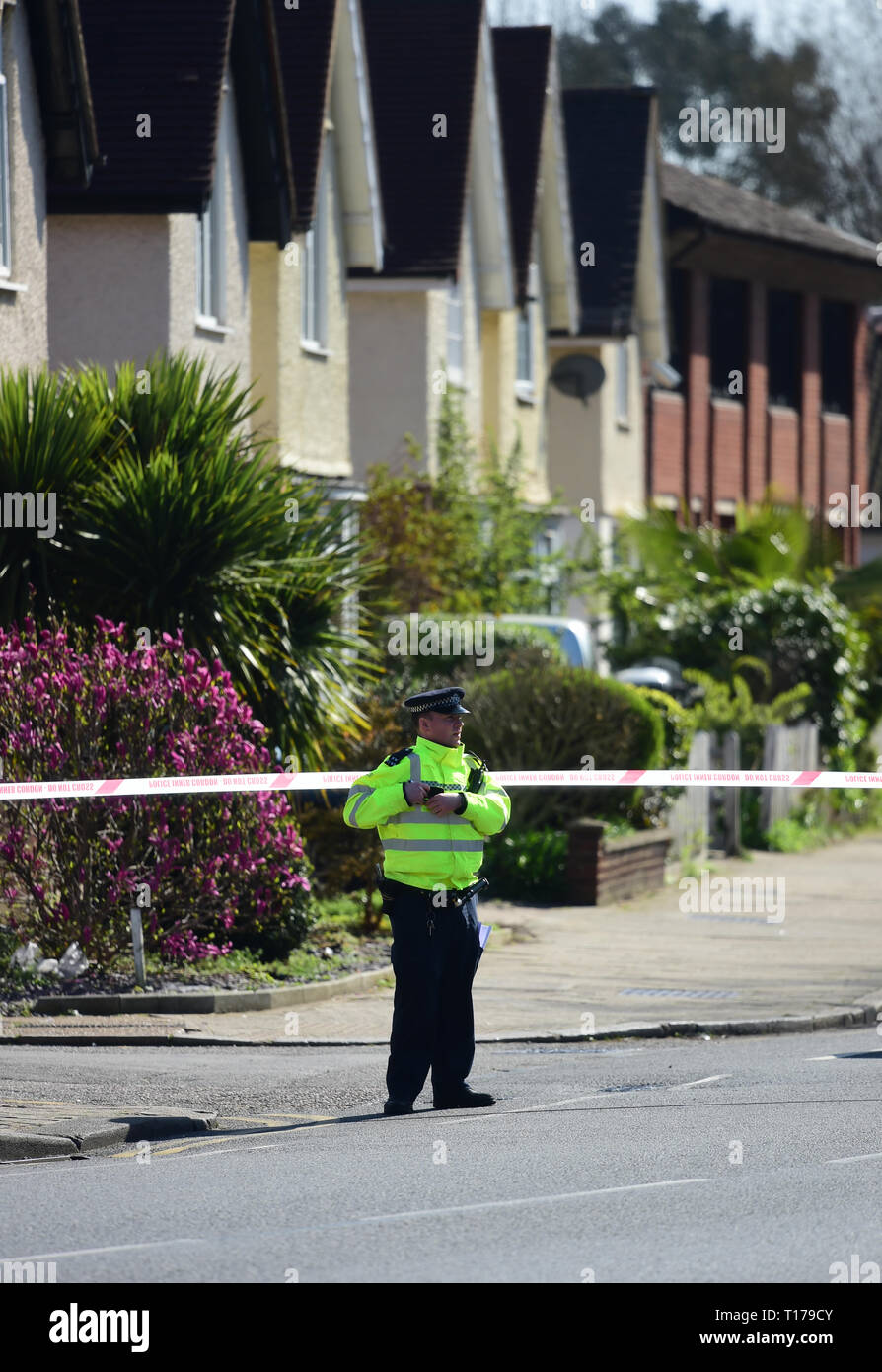 Der Polizei im Marsh Road, Pinner, North-west London nach einem Mann starb nach einem Stechenden Vorfall. Stockfoto