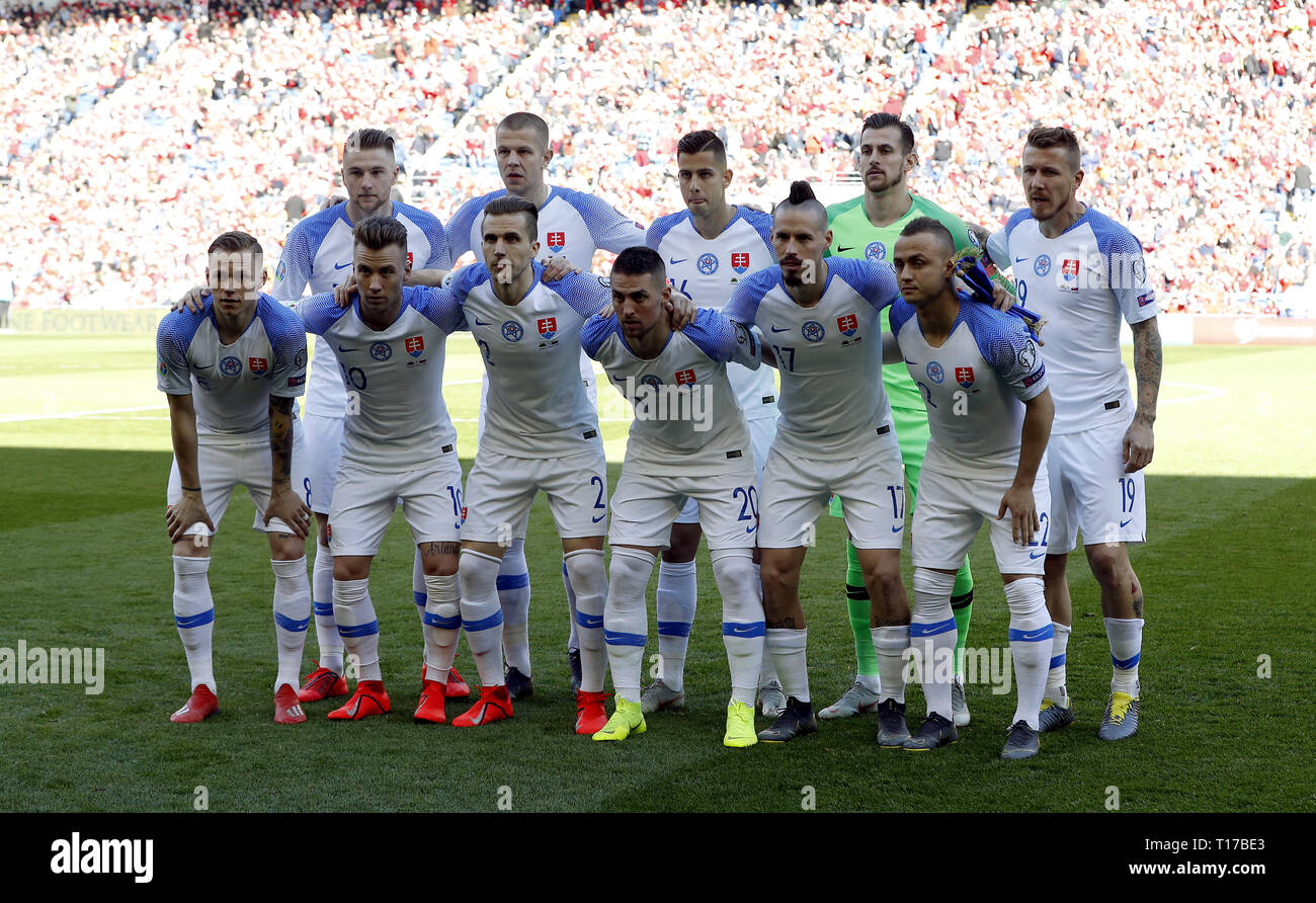 Slowakei team Gruppe während der UEFA EURO 2020 Qualifikation, Gruppe E Gleiches an der Cardiff City Stadium. Stockfoto