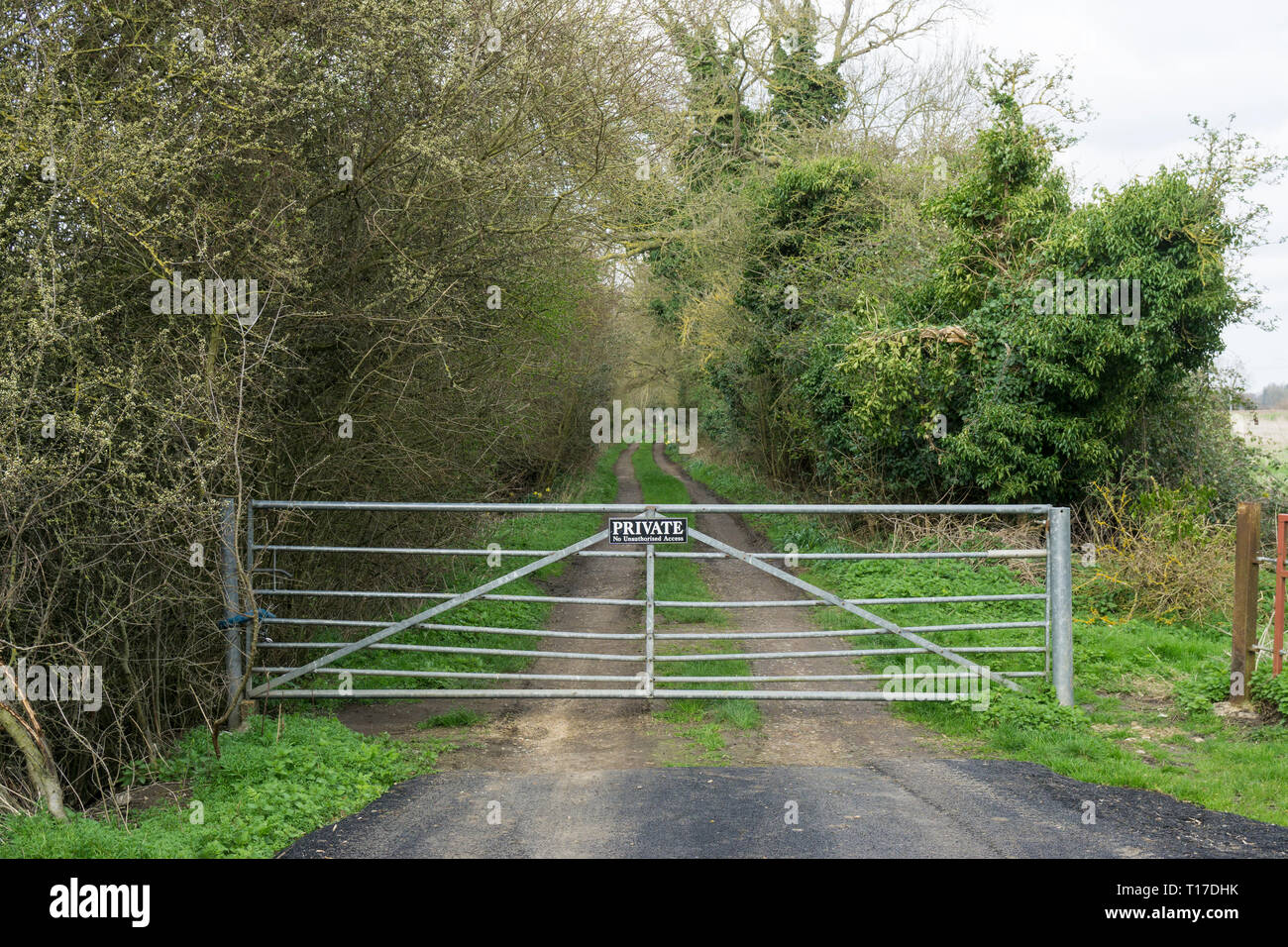 Metal Gate mit eigenem anmelden, um private Single Track lane Milton Cambridge 2019 Stockfoto