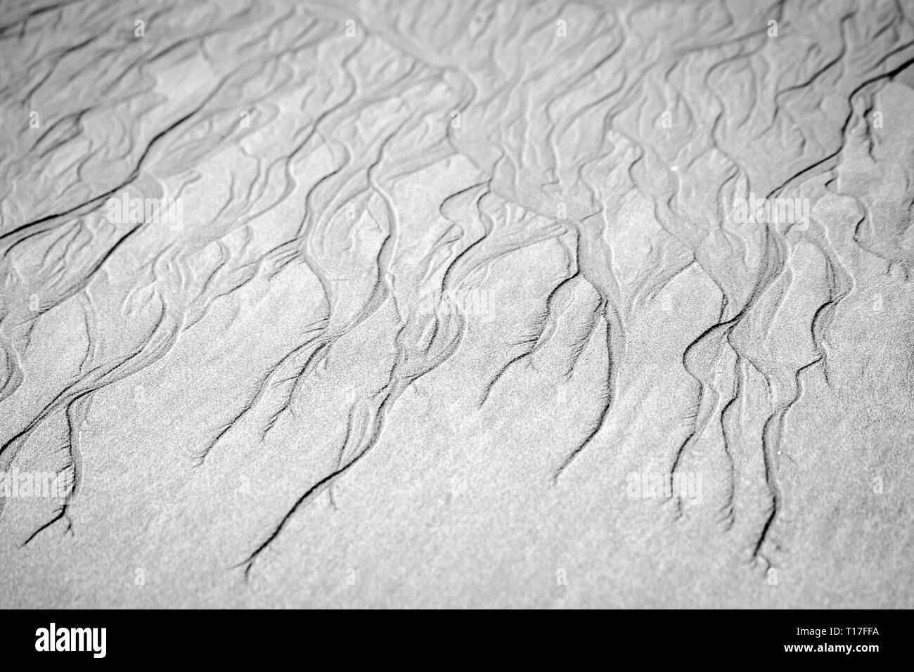 Schöne Formen durch das Wasser auf der Oberfläche des Sandes Stockfoto