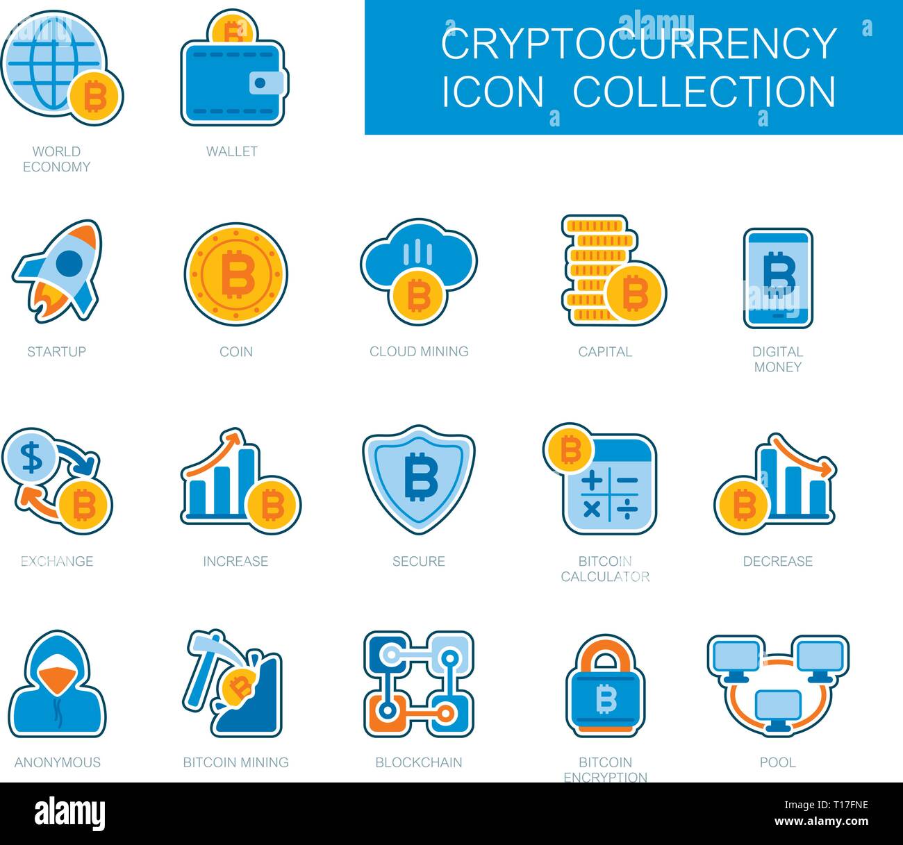 Blockchain Cryptocurrency und Symbole. Vektor Design von blockchain Technologie, bitcoin, cryptocurrency altcoins, Bergbau, Finanzen, digitale Geldmarkt Stock Vektor