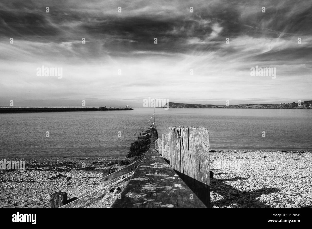 Holz- wavebreaker Struktur an der malerischen Küste der unteren Stadt Fishguard in Pembrokeshire, Wales. Monochrome bearbeiten Stockfoto