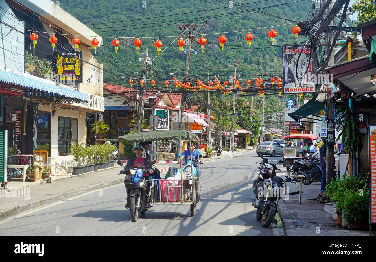 Motorrad mit Seitenwagen Innenstadt, Lamai Beach, Koh Samui, Surat Thani, Golf von Thailand, Thailand Stockfoto